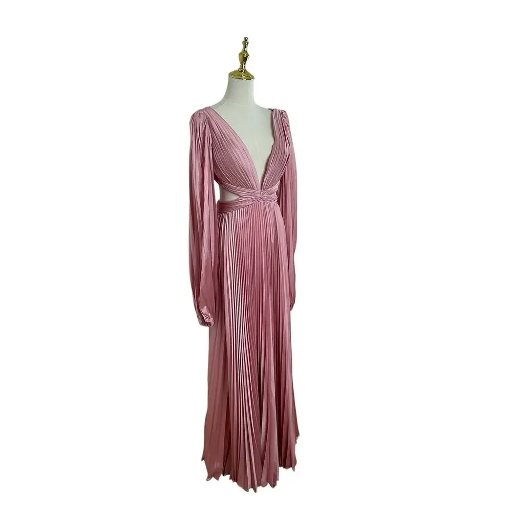 Mac Duggal 26737 Pink Long Sleeve Pleated Charmeuse Cut Out Gown Size 4 $498 - Picture 3 of 6